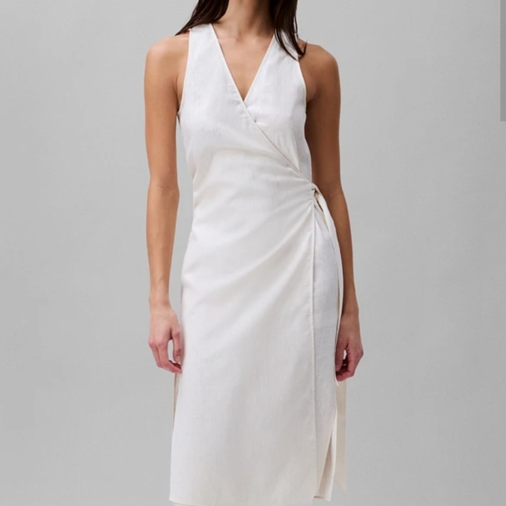NWT Linen Calvin Klein White Midi Wrap Dress